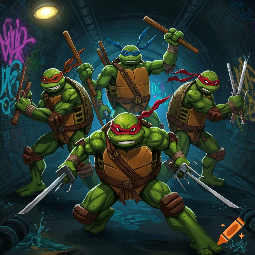 Mutant Turtles Four Teenage Mutant Ninja Turtles, Raphael, Donatello, Leonardo, and ...
