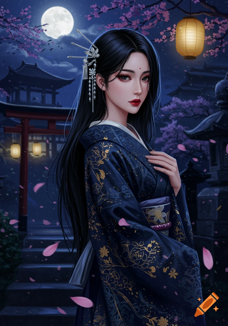 Stylized woman in dark blue kimono with gold patterns, under a full moon with cherry blossoms and Japanese architecture.