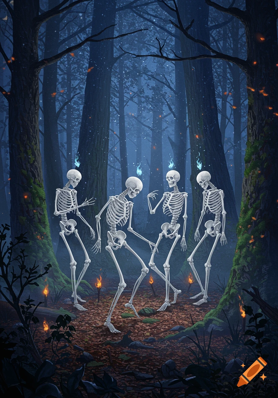 Four skeletons with blue flames dance in a dark, misty forest with glowing torches. Digital art.