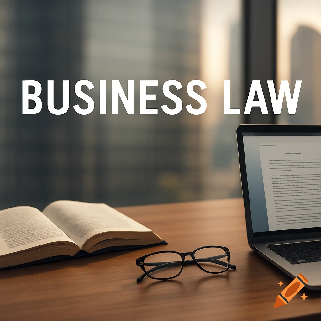 An office desk with an open book, reading glasses, and a laptop, with 'BUSINESS LAW' overlaid on a blurred background.