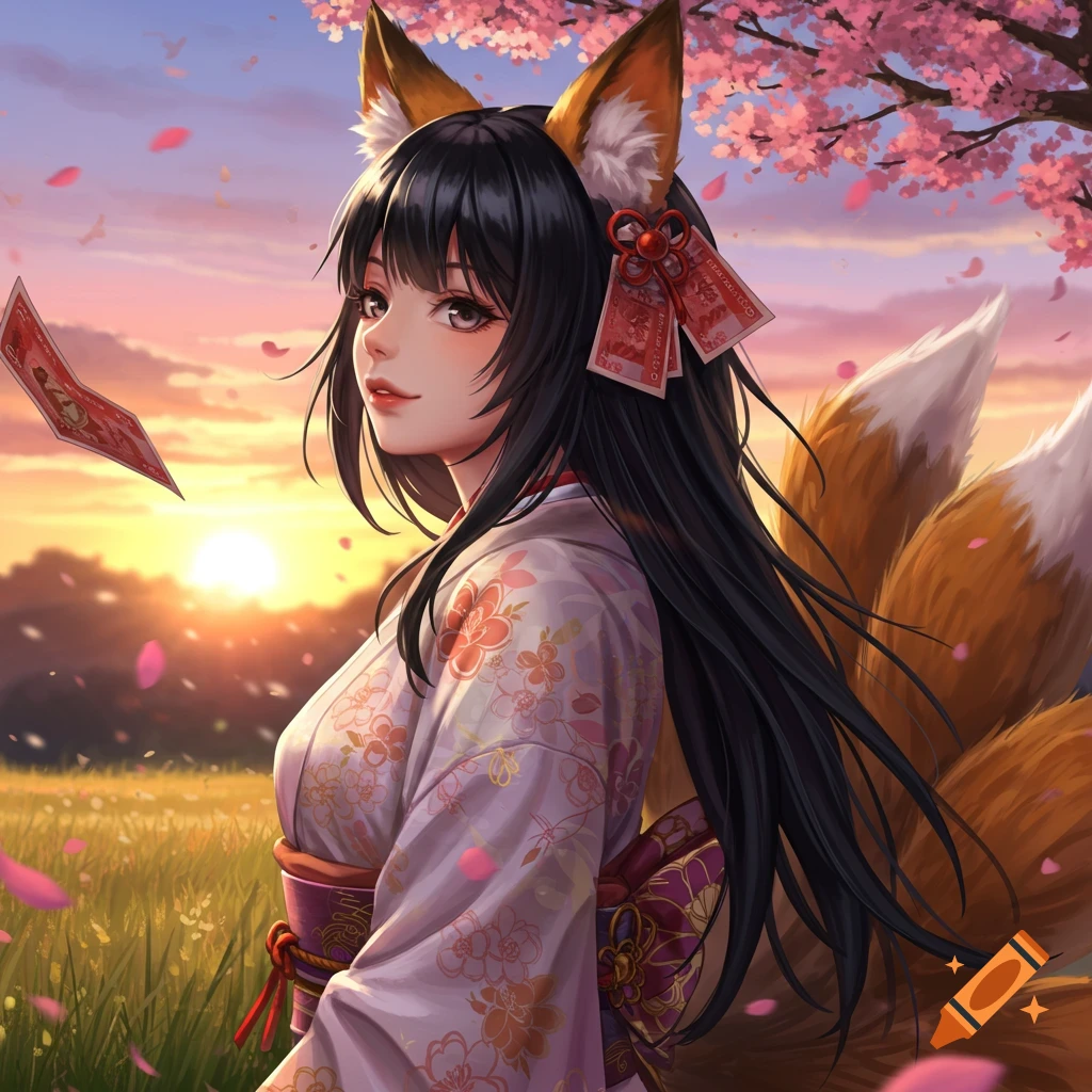 An anime kitsune girl with black hair, fox ears, and multiple tails wears a kimono in a field with cherry blossoms at sunset, with floating red papers.