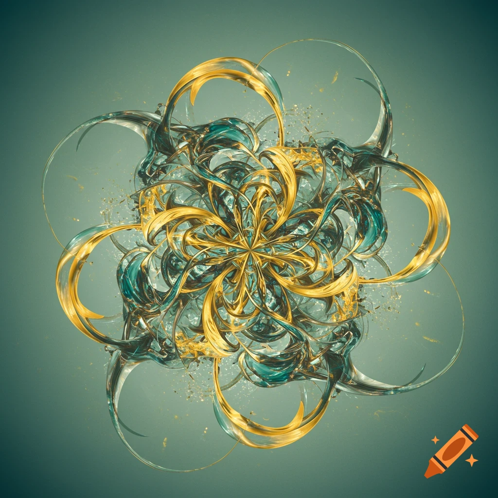 An abstract design with swirling golden and teal metallic fluid shapes, centered on a teal gradient background.