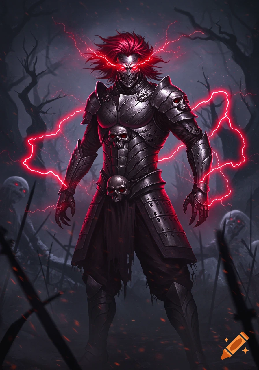 A tall, dark fantasy warrior with red hair and glowing red eyes ...