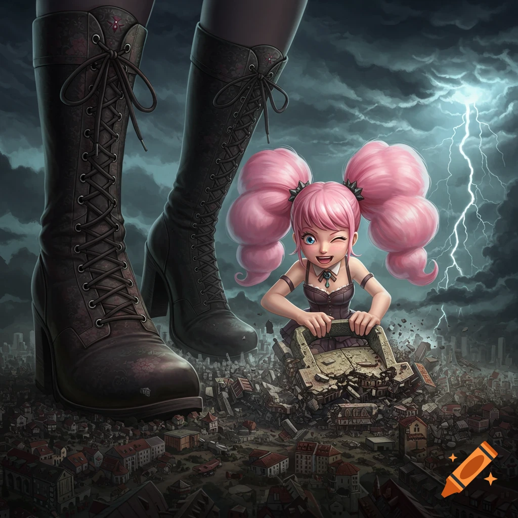 A huge pair of black gothic boots looms over a tiny pink-haired anime girl winking as she smashes a city under a stormy, lightning-filled sky.