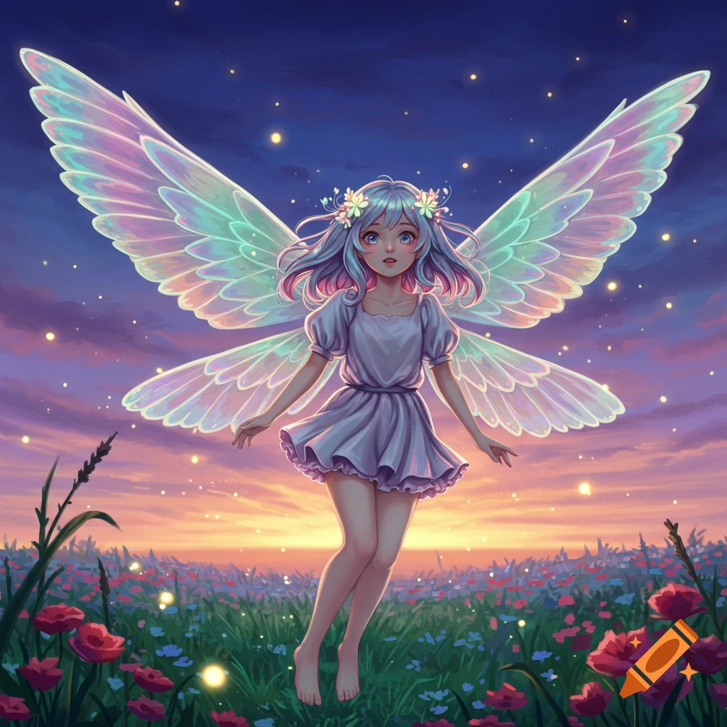 An anime fairy girl with iridescent wings floats over a field of flowers at sunset.