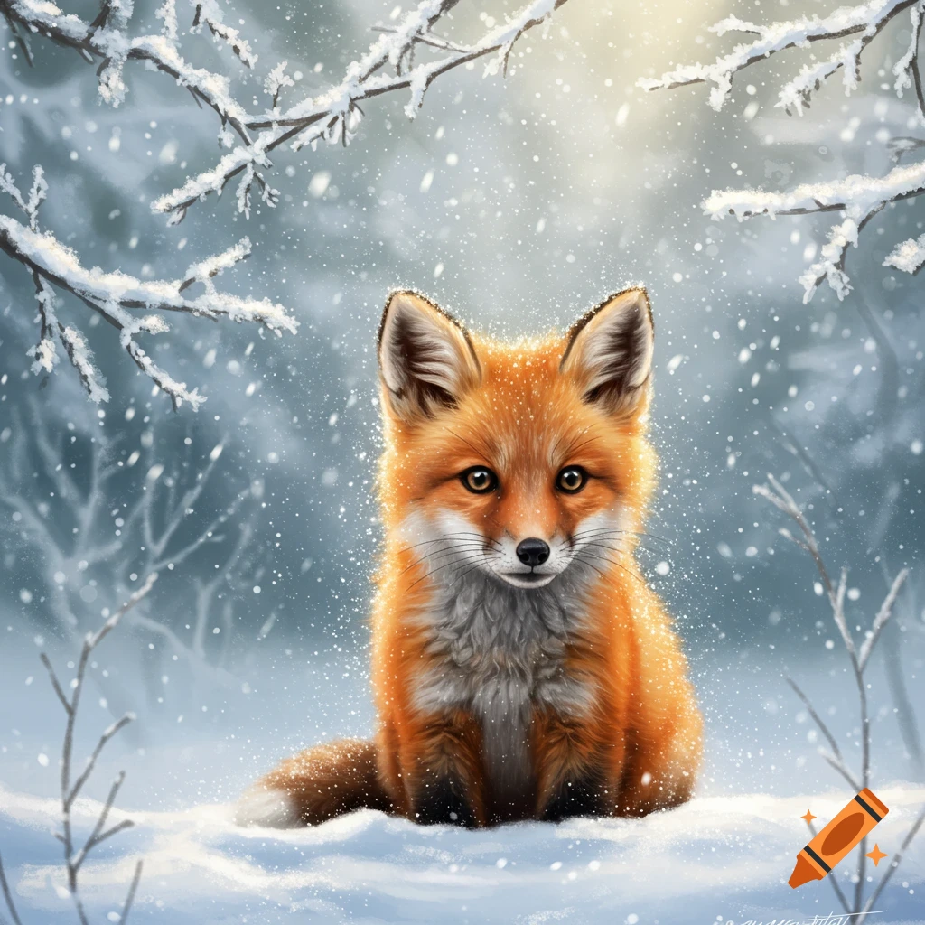 A fluffy baby fox with orange and white fur sits in a snowy winter ...
