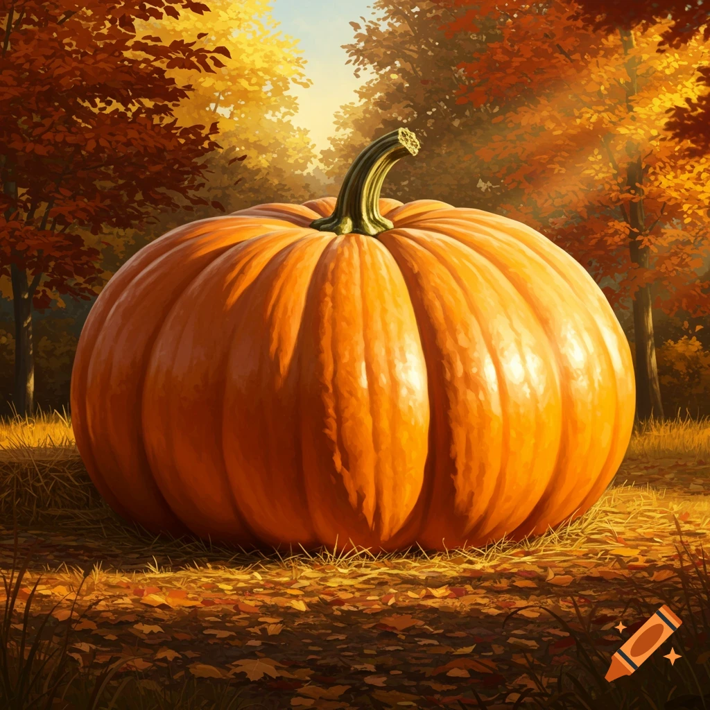 A giant orange pumpkin rests on a bed of fallen leaves in a sunlit autumn forest with golden and red trees.