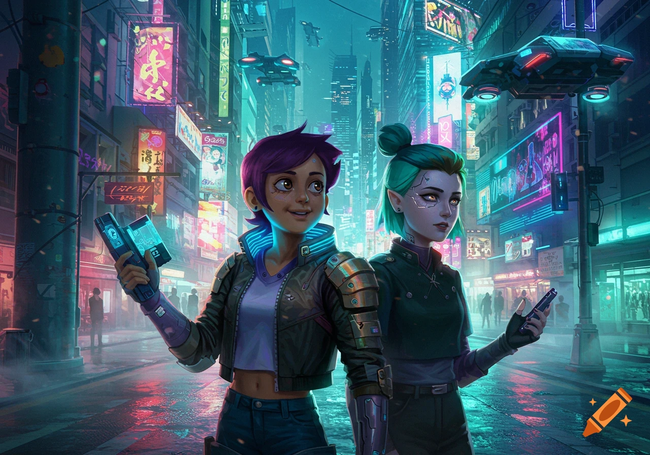 Luz and Amity from The Owl House stand in a vibrant neon-lit cyberpunk city at night with flying vehicles.