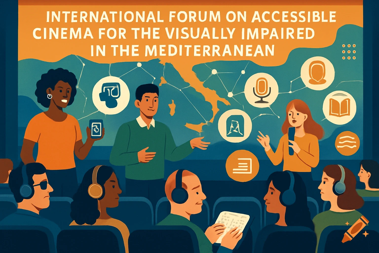 Illustration of an international forum on accessible cinema. Speakers present to an audience, some wearing headphones.