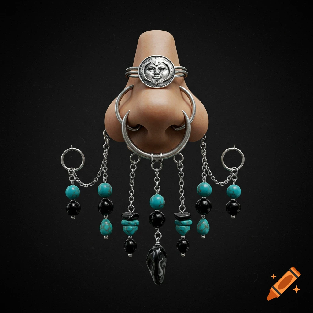 A realistic close-up of a nose wearing an elaborate gothic-style silver septum ring with a moon face, chains, and turquoise, obsidian, and hematite beads.