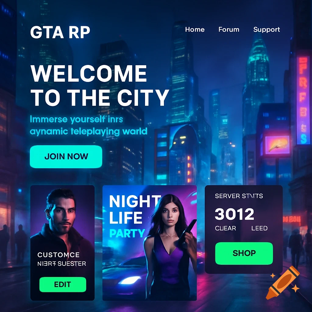 A dark, neon-lit city night scene with a UI overlay for a GTA RP server. Features 'WELCOME TO THE CITY' text, character portraits, and 'JOIN NOW' button.