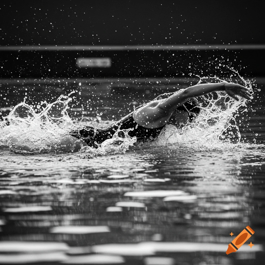 A black and white photo captures a swimmer mid-stroke, creating a splash of water as they move forward.