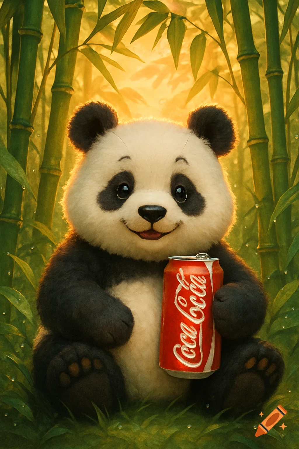 A cute fluffy panda sits in a bamboo forest, happily holding a red can of Coca-Cola, bathed in golden sunlight.