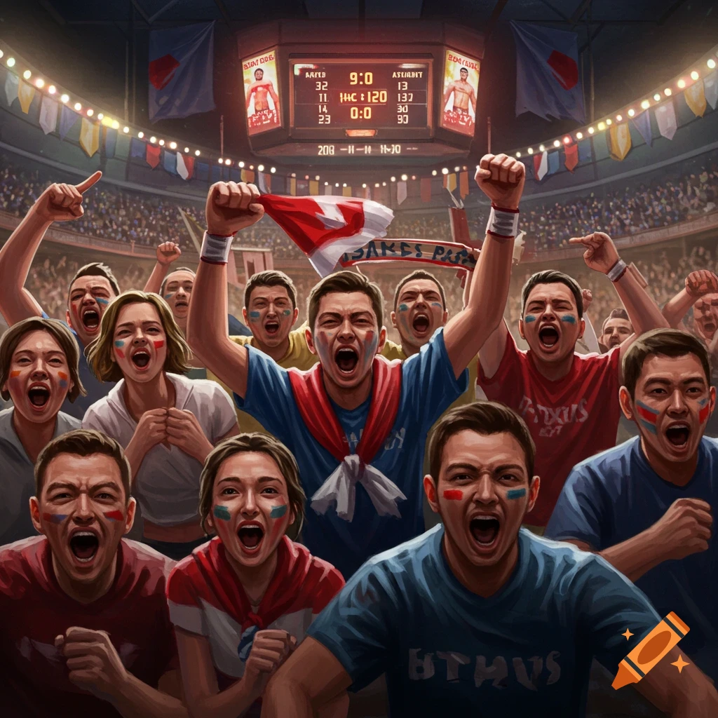 A large crowd of enthusiastic boxing fans cheer loudly in a packed stadium, with a scoreboard visible above showing match details.