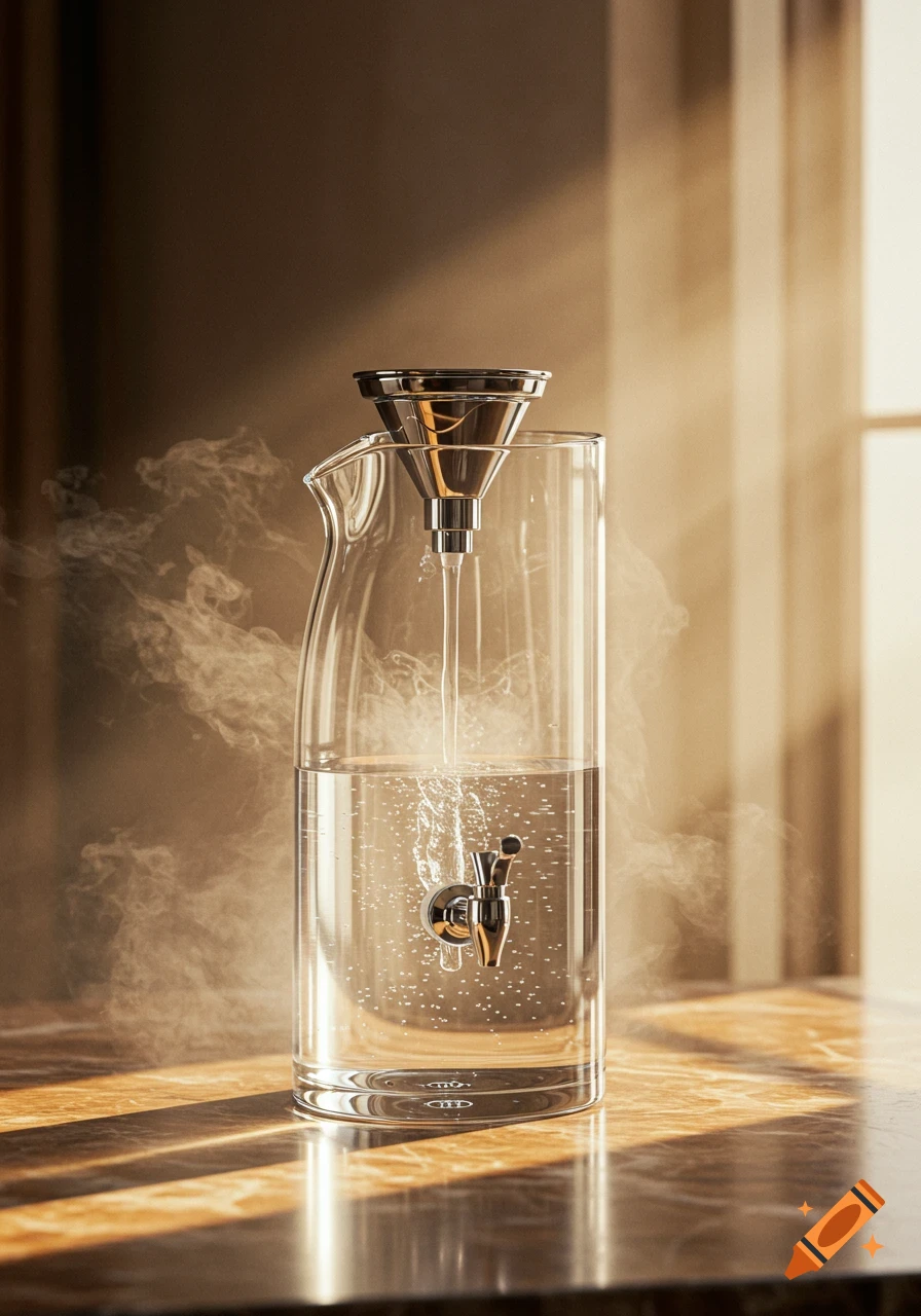 Photorealistic self-filling water carafe with a metal funnel pouring water into a glass pitcher, emitting steam on a marble surface.