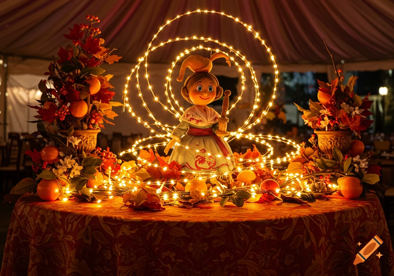 A festive table decoration with a doll figure, illuminated by swirling LED string lights, surrounded by autumn leaves and oranges.