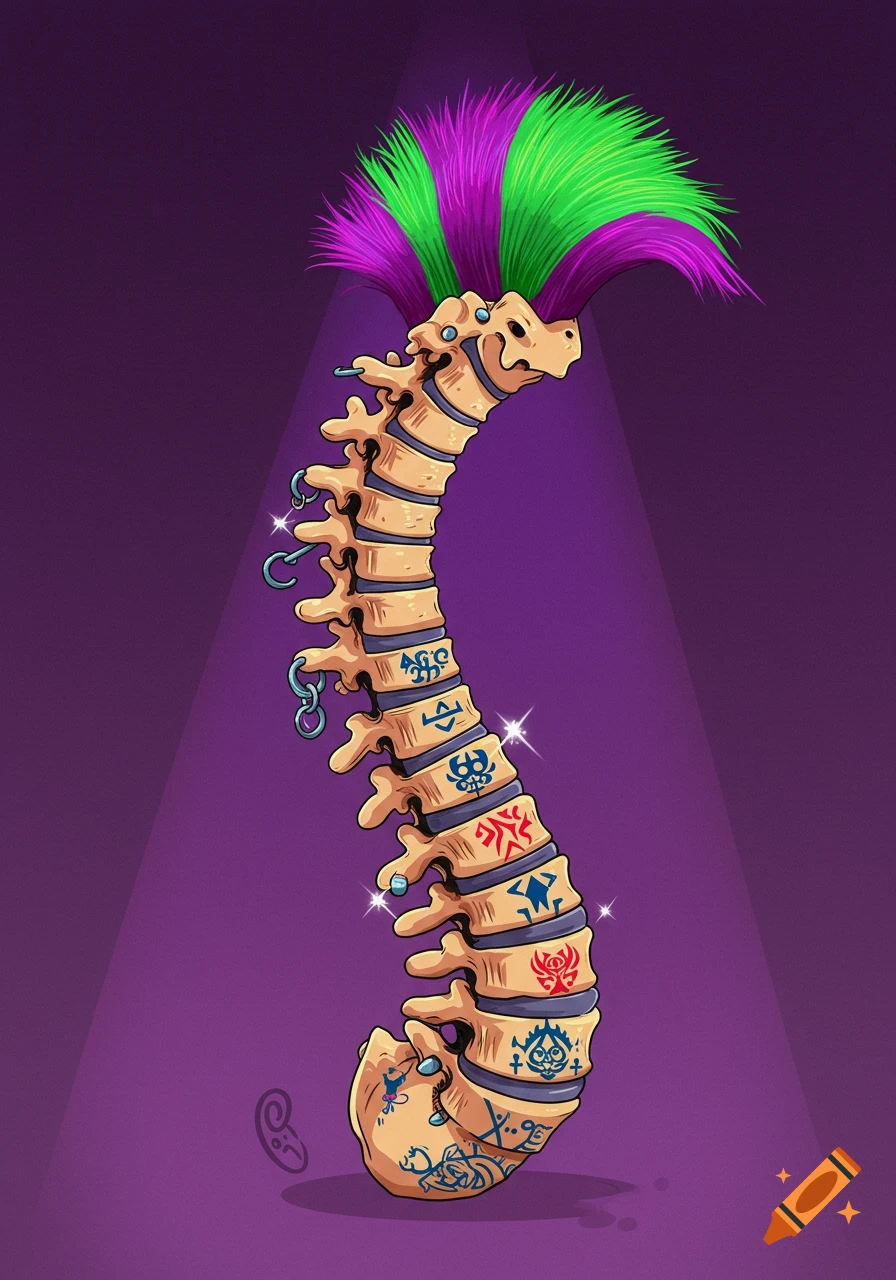 A stylized cartoon spine with purple and green mohawk hair, piercings, and blue and red abstract symbolic tattoos, highlighted by a spotlight against a purple background.