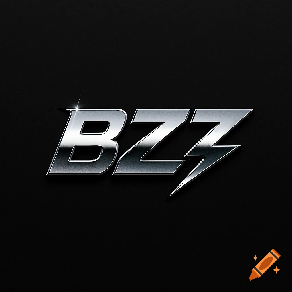 Metallic chrome 'BZZ' logo with a lightning bolt on a black background, in a futuristic streetwear style.