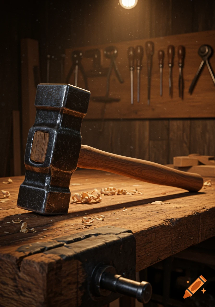 A large, heavy hammer with a wooden handle rests on a rustic wooden workbench amidst wood shavings in a dimly lit workshop.