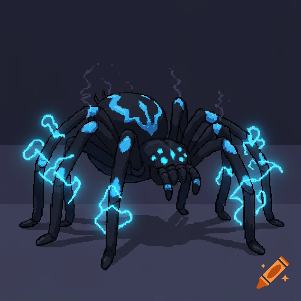 A black pixel art tarantula with glowing blue markings and blue lightning effects around its legs, in a Pokemon sprite style.