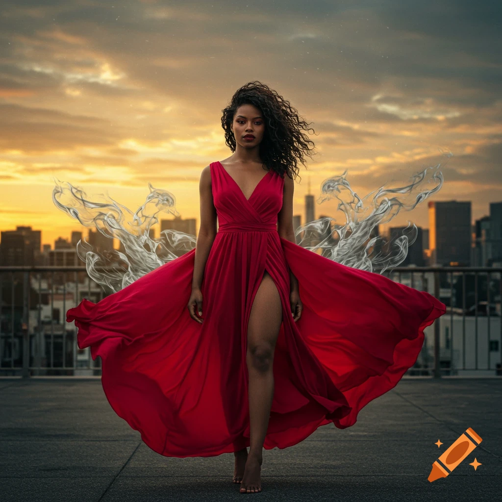 A woman in a flowing red dress with a high slit stands barefoot on a ...