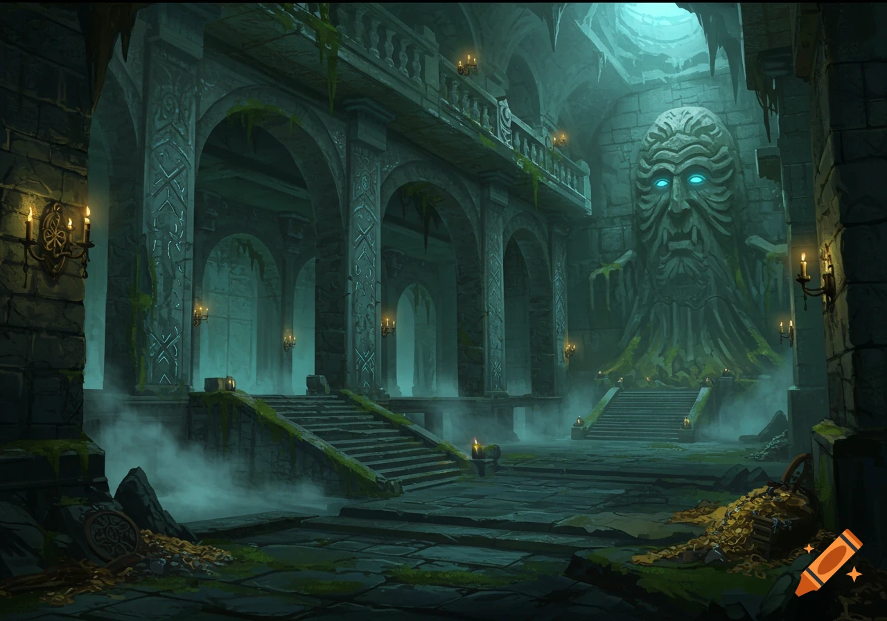 An atmospheric fantasy dungeon with ancient stone architecture, glowing mist, a large stone face statue with blue eyes, and piles of gold.