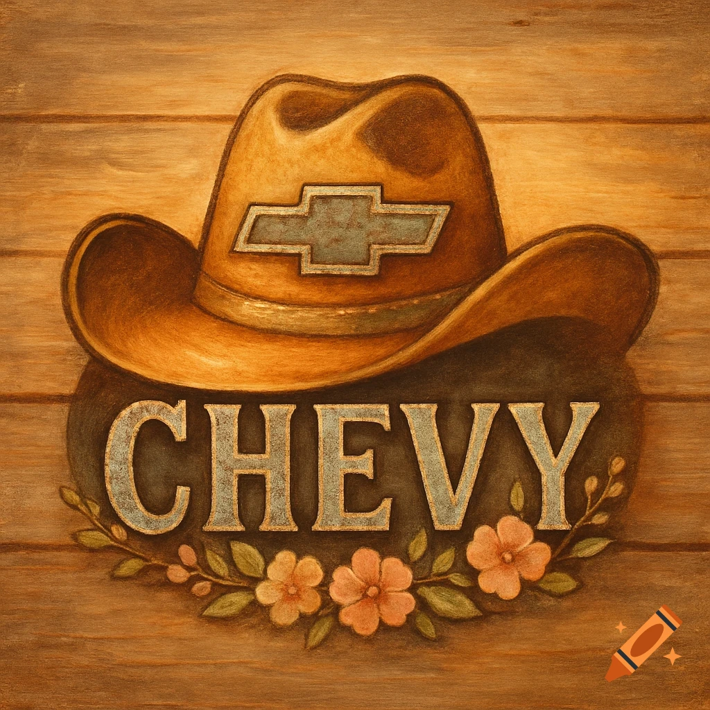 A rustic painting of a cowboy hat with a Chevrolet logo on it, above the word 'CHEVY' surrounded by flowers on a wooden background.