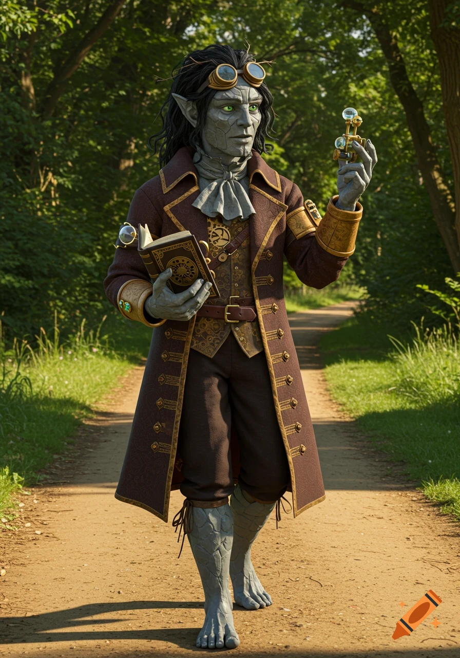 A gray-skinned rock gnome artificer in a steampunk outfit walks barefoot on a dirt road, holding a book and a device.