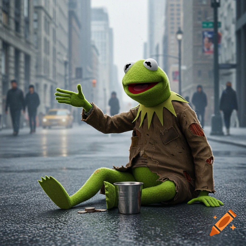 Kermit the Frog, dressed in tattered clothes, sits on a wet city street, holding out a metal cup and looking distressed, as blurred figures and a yellow taxi pass in the background.