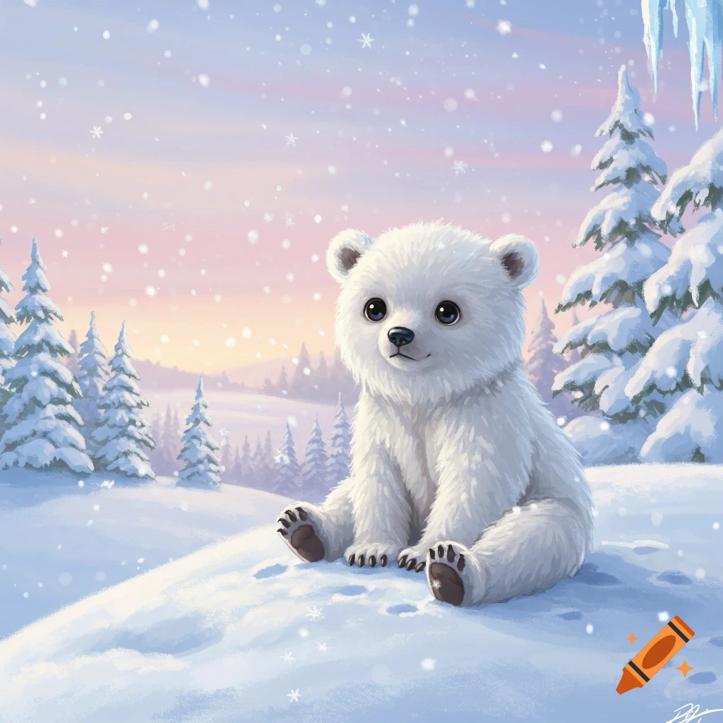 A cute white polar bear cub sits in a snowy winter landscape with pine trees, falling snow, and a pastel sunset sky.