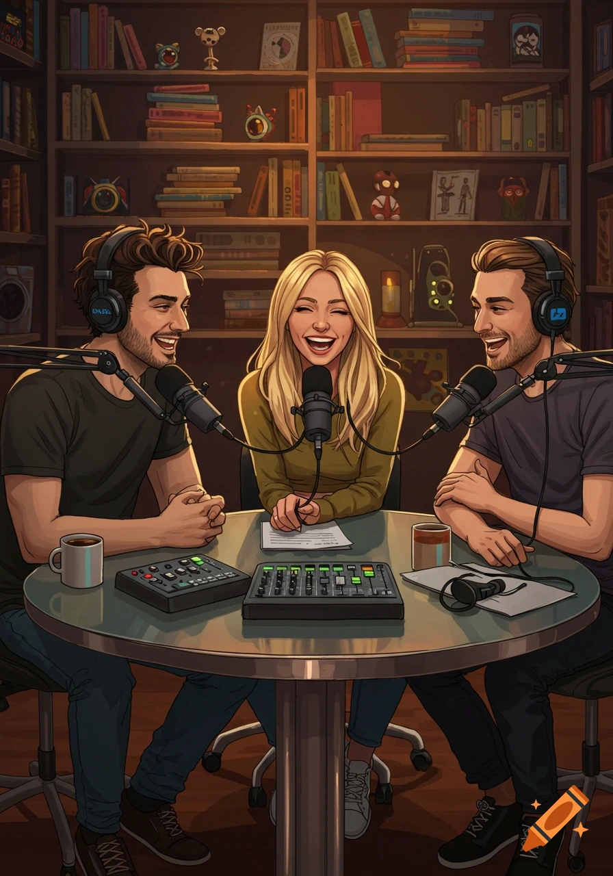 Two men and a blonde woman laugh while hosting a podcast in a cozy, book-lined room. They sit at a table with microphones and audio equipment in this stylized illustration.