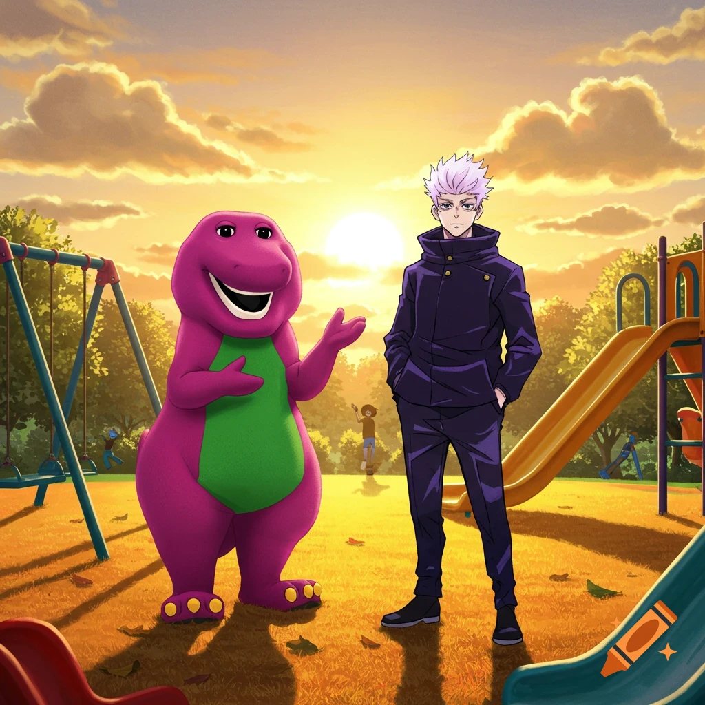 Barney the dinosaur and anime character Satoru Gojo stand in a playground at sunset, cartoon style.