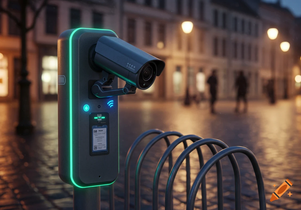 A modern security camera and badge reader device with neon green lights attached to a bike rack on a wet city street at dusk.