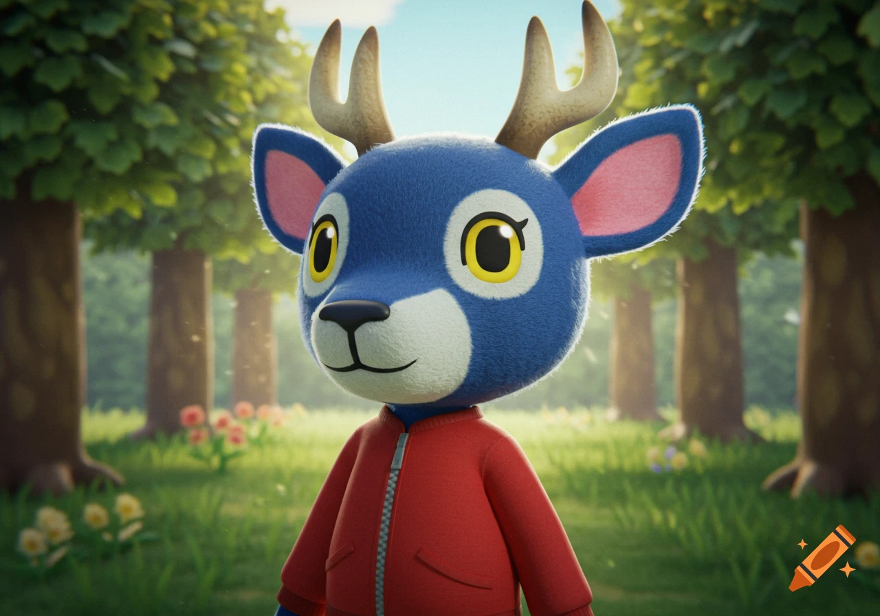 A blue deer character with antlers and a red jacket stands in a sunny green forest.