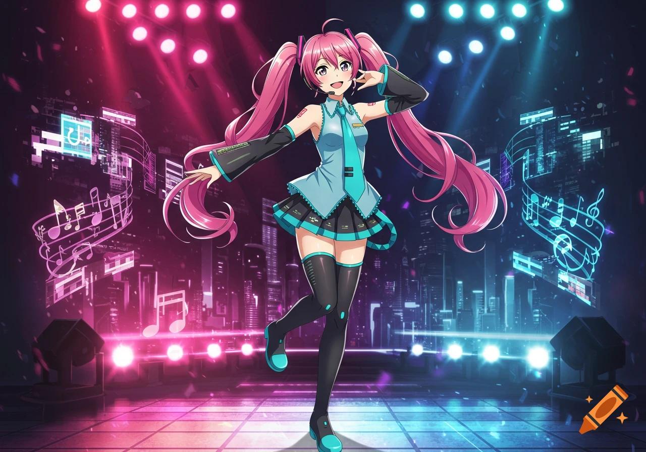 An anime character with pink pigtails and a blue and black Miku-inspired costume poses on a stage with neon pink and blue lighting and holographic musical notes.