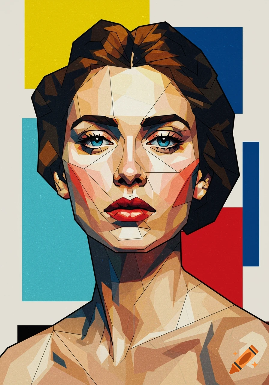 A geometric cubist portrait of a woman with blue eyes and red lips, rendered in bold blocks of yellow, blue, red, and brown.