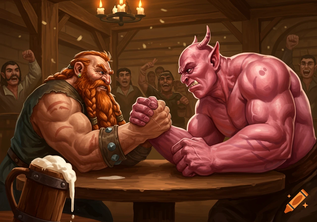 A dwarf with a braided red beard and a muscular pink-skinned ogre arm wrestle intensely on a wooden table in a dimly lit tavern, surrounded by cheering patrons.