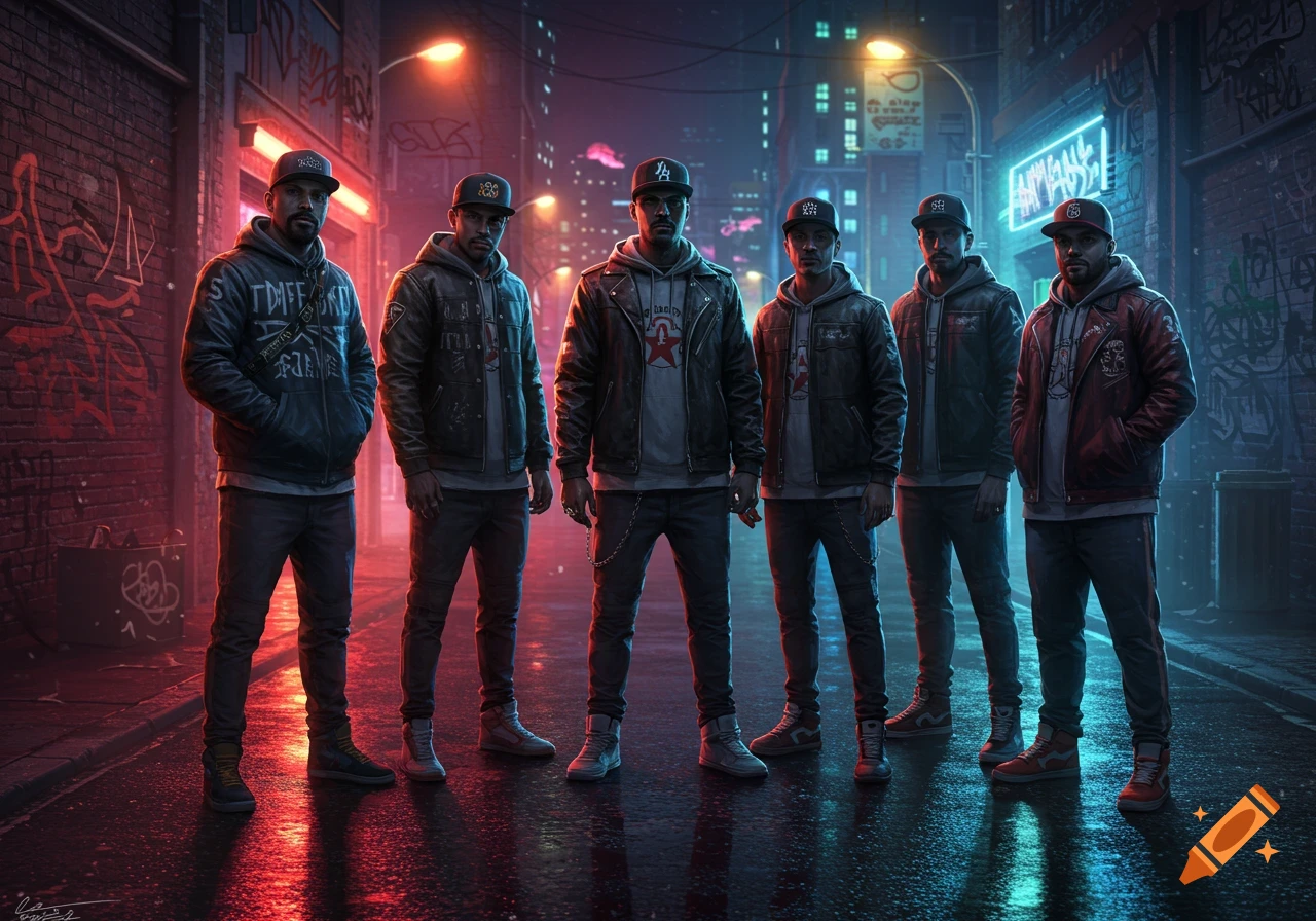 Six men in hoodies, leather jackets, jeans, and baseball caps pose in a dark, graffiti-covered urban alley at night, lit by red and blue neon lights reflected on the wet ground.