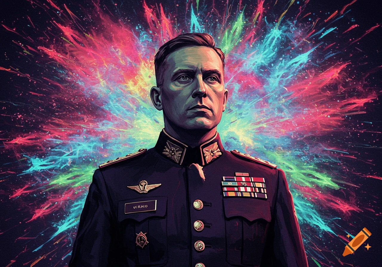 A stylized portrait of a military officer in uniform against a vibrant, colorful psychedelic background.