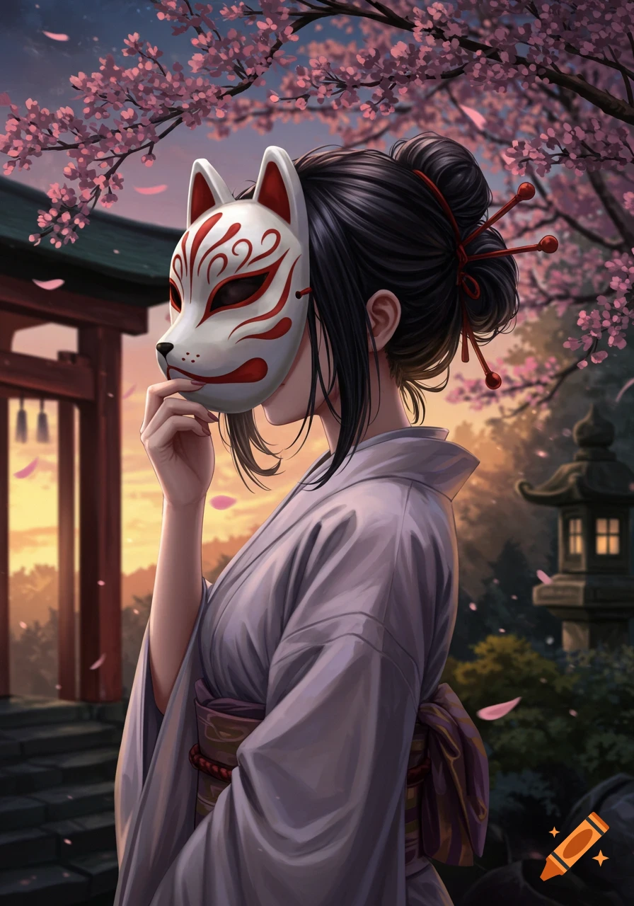 Anime illustration of a girl in a kimono holding a kitsune mask in a Japanese garden with cherry blossoms.