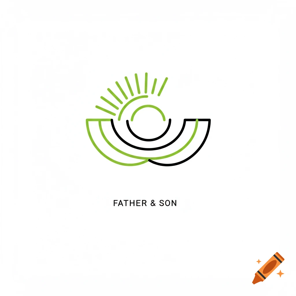 A minimalist line art logo with green and black lines forming a stylized sun and crescent shapes, with the text "FATHER & SON" below it on a white background.
