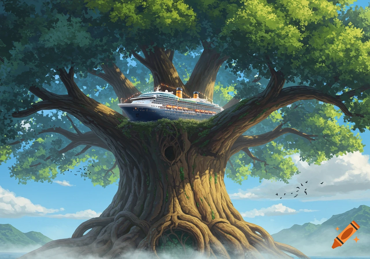 A giant, ancient tree with green leaves holds a large cruise ship in its branches, rising from a misty landscape under a blue sky.