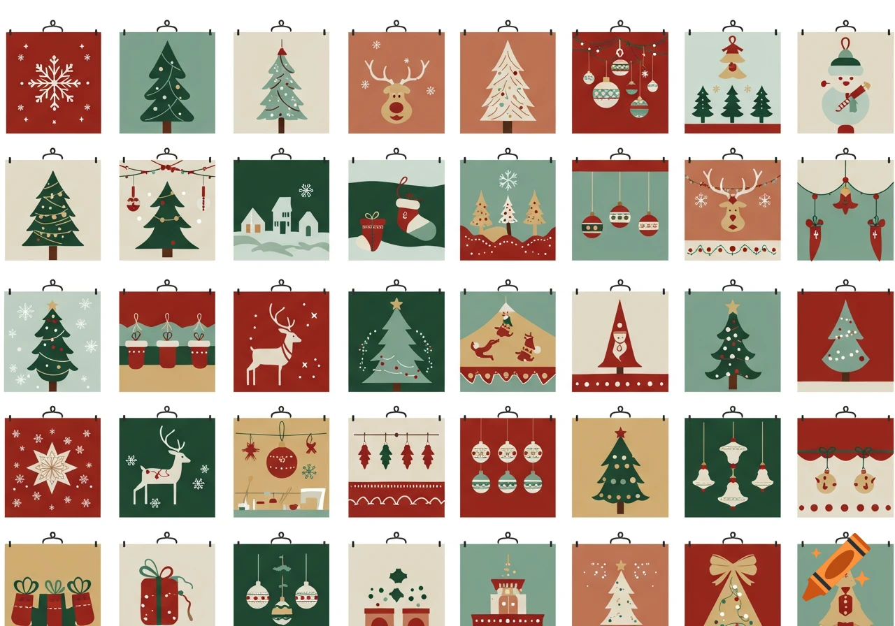 A grid of 30 graphic style Christmas-themed wall hangings, each depicting various holiday motifs like trees, reindeer, snowflakes, and presents.