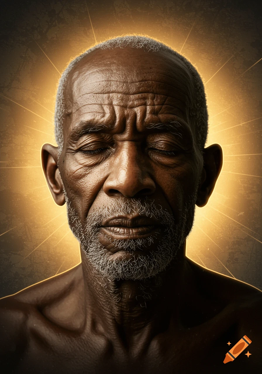 Photorealistic portrait of an older man with closed eyes, a gray beard, and a golden aura around his head.