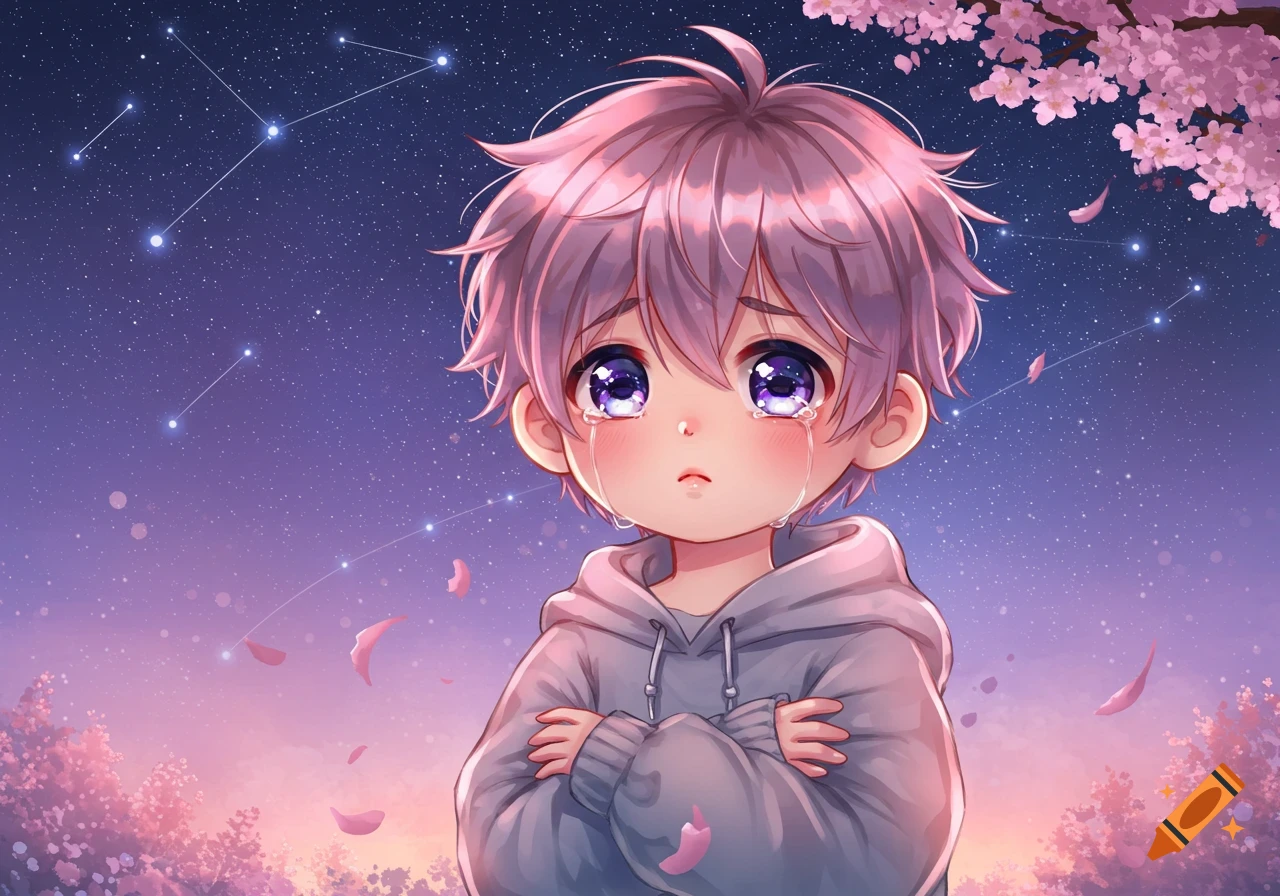 A crying anime boy with purple hair in a grey hoodie, under a starry sky with cherry blossoms and falling petals.