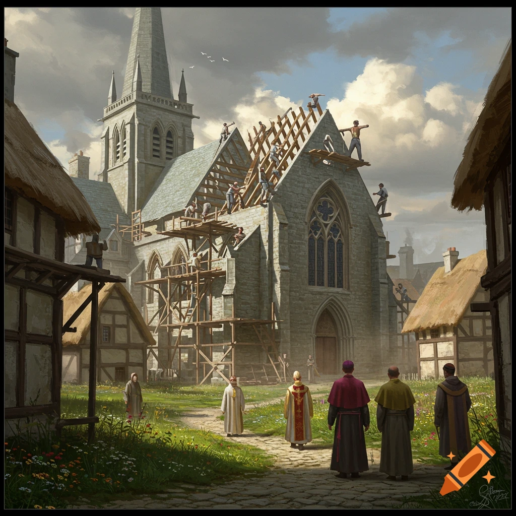 Detailed digital painting of a medieval church under construction, with workmen on the roof and priests walking below.
