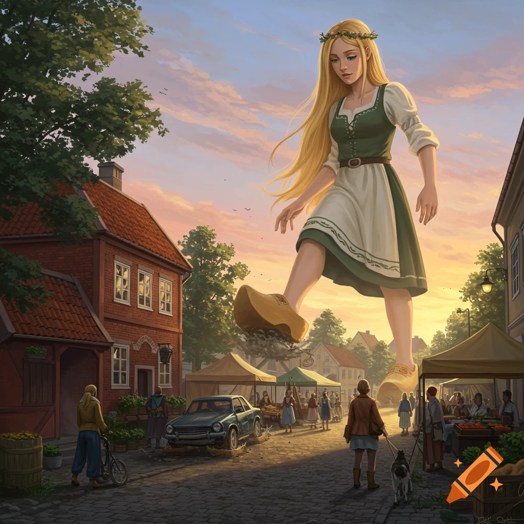 A giant blonde woman in traditional attire and wooden clogs walks through a European market street at sunset, crushing a car.