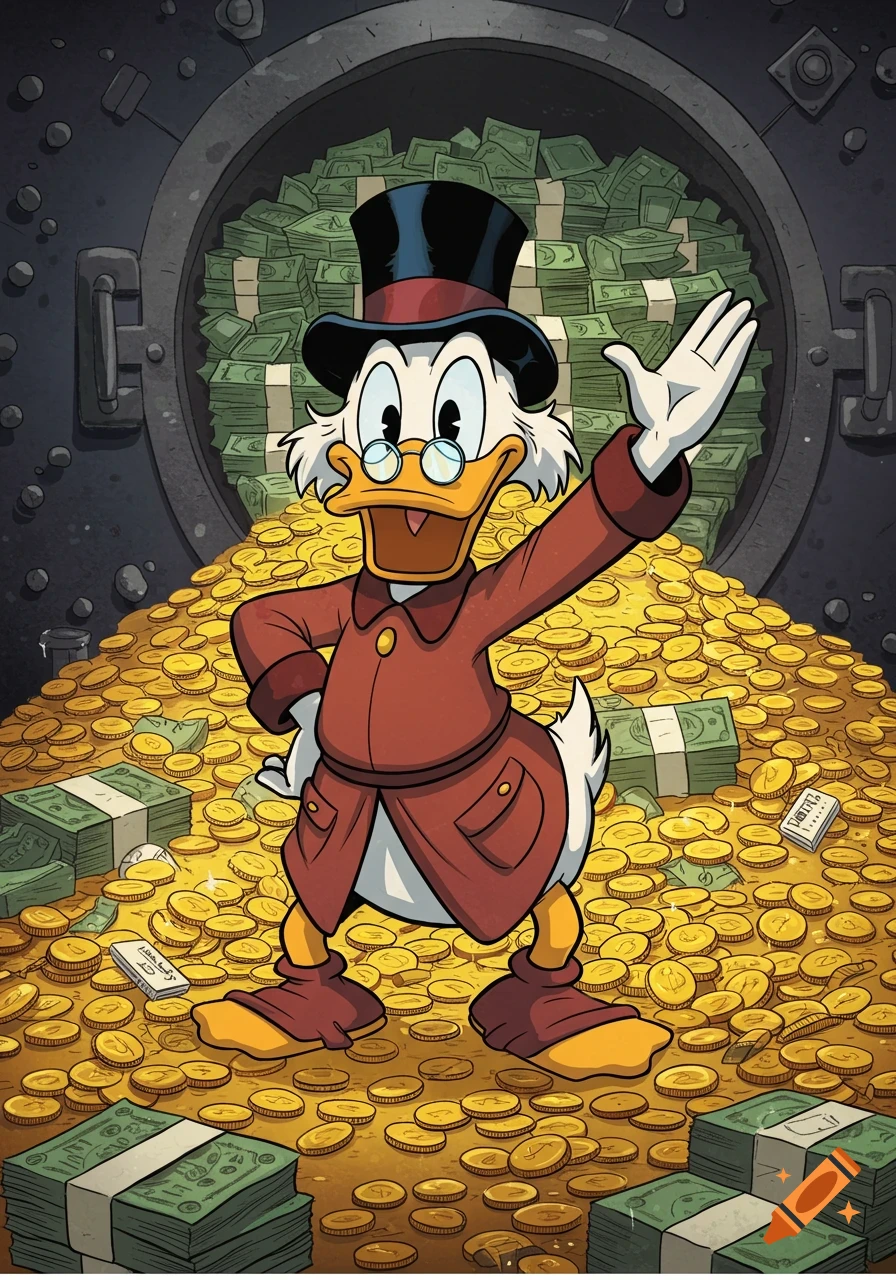 Scrooge McDuck in a top hat and monocle, waving while standing on a huge pile of gold coins and money in a comic-style vault.
