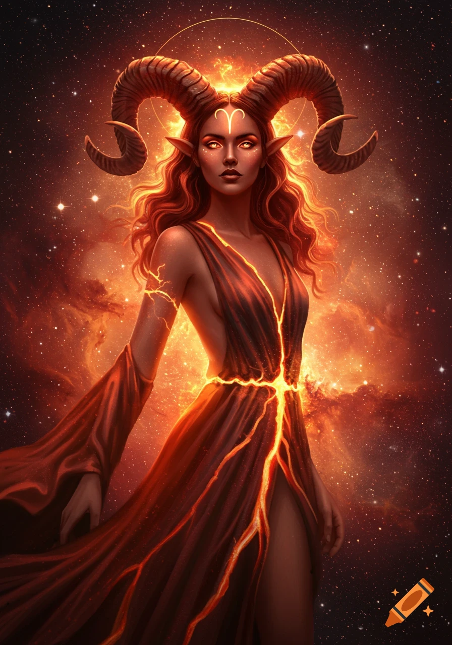 A fantasy woman with ram horns, long fiery red hair, glowing eyes, and a lava-like dress against a starry cosmic background.