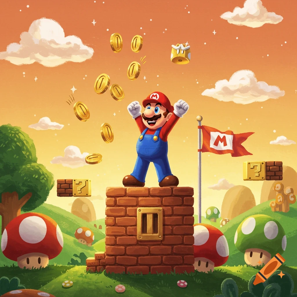 Mario celebrates on a brick block as coins fall from the sky, with a flag and question mark blocks in a vibrant, cartoonish video game landscape.